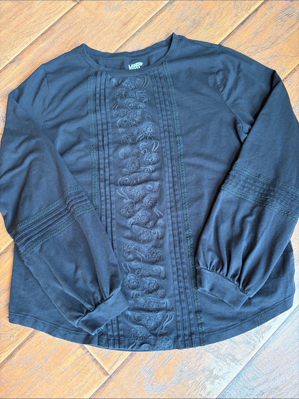 Lands' End Women’s Black Crewneck Top with Floral Embroidery - Size Medium
